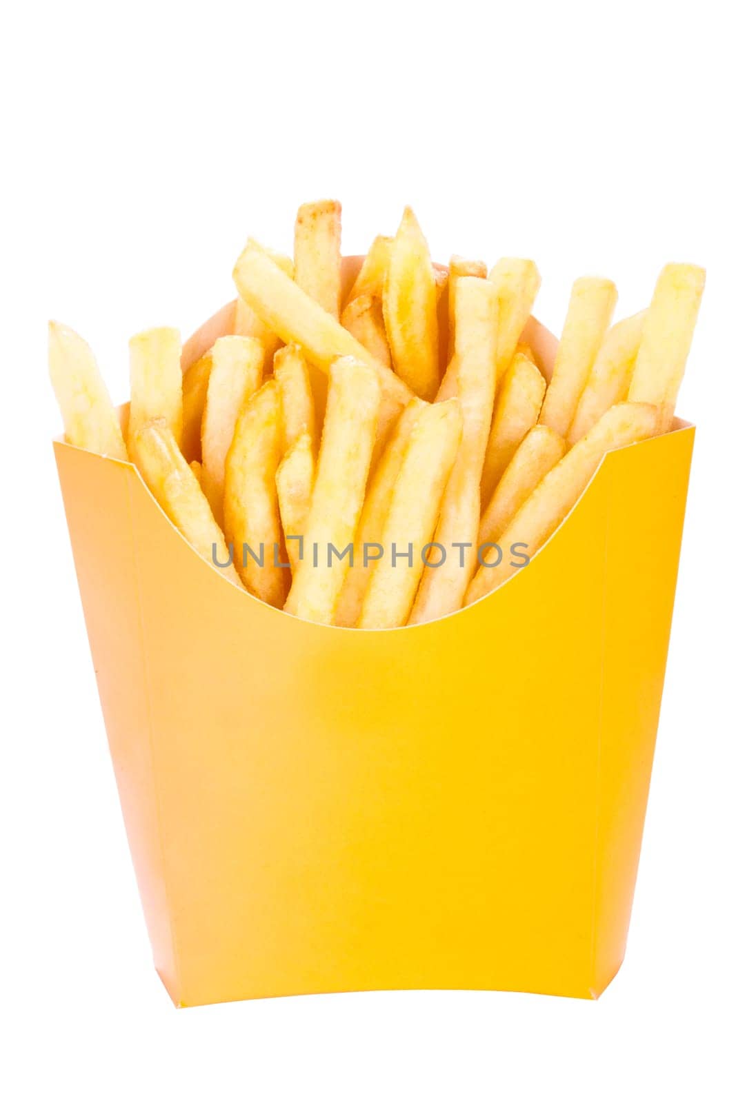 Fries. In the yellow box. On a white background.