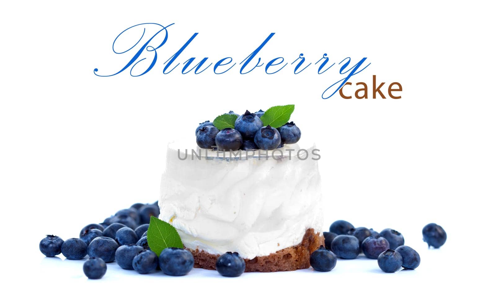 Cheesecake with bilberries on white background, place for your text up