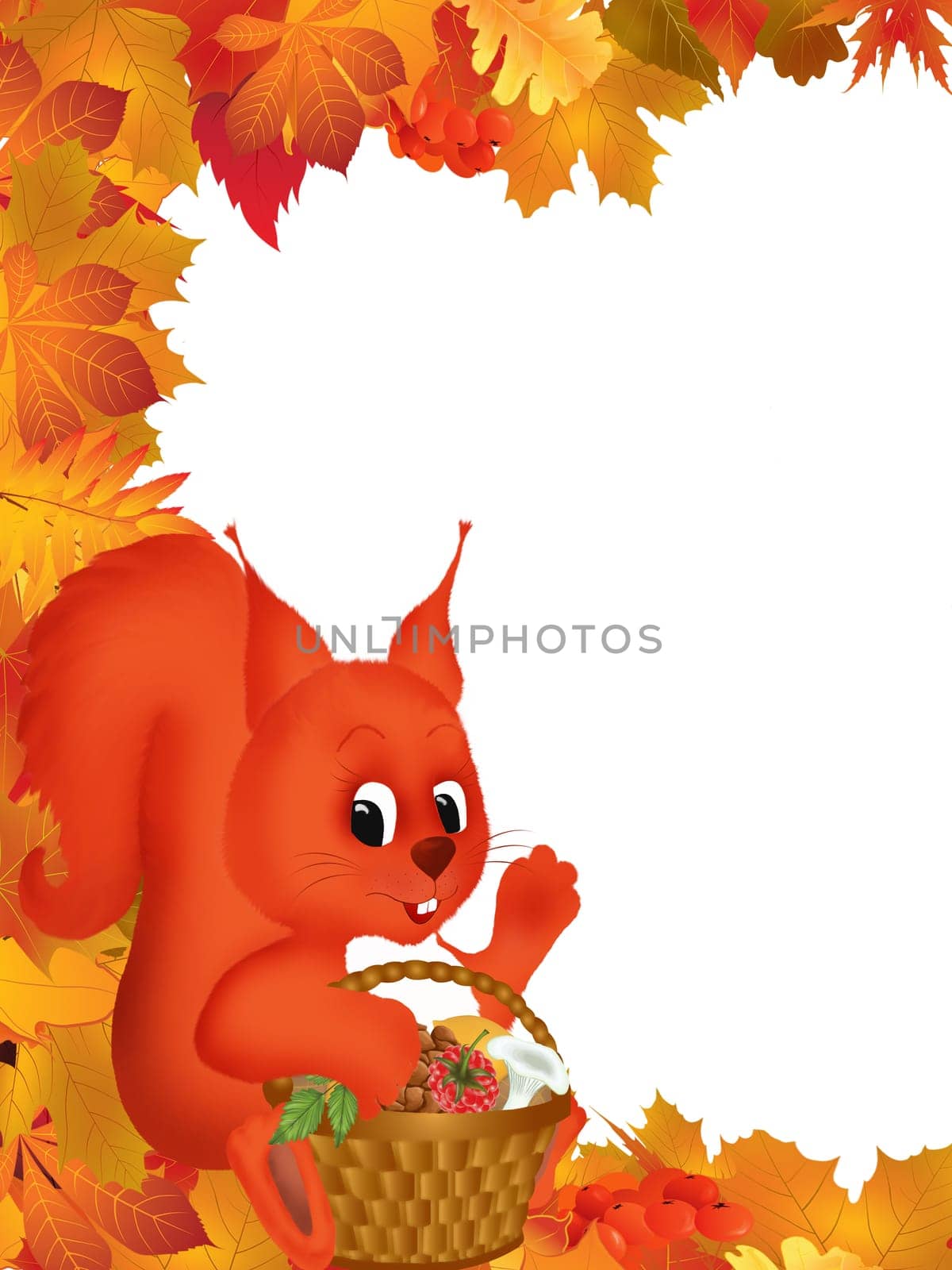 Frame illustration with autumn leaves and a squirrel