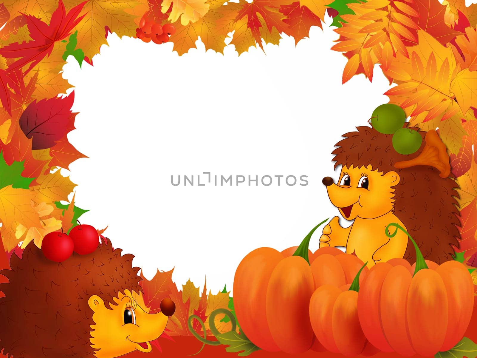 Illustration with frame of autumn leaves and hedgehogs