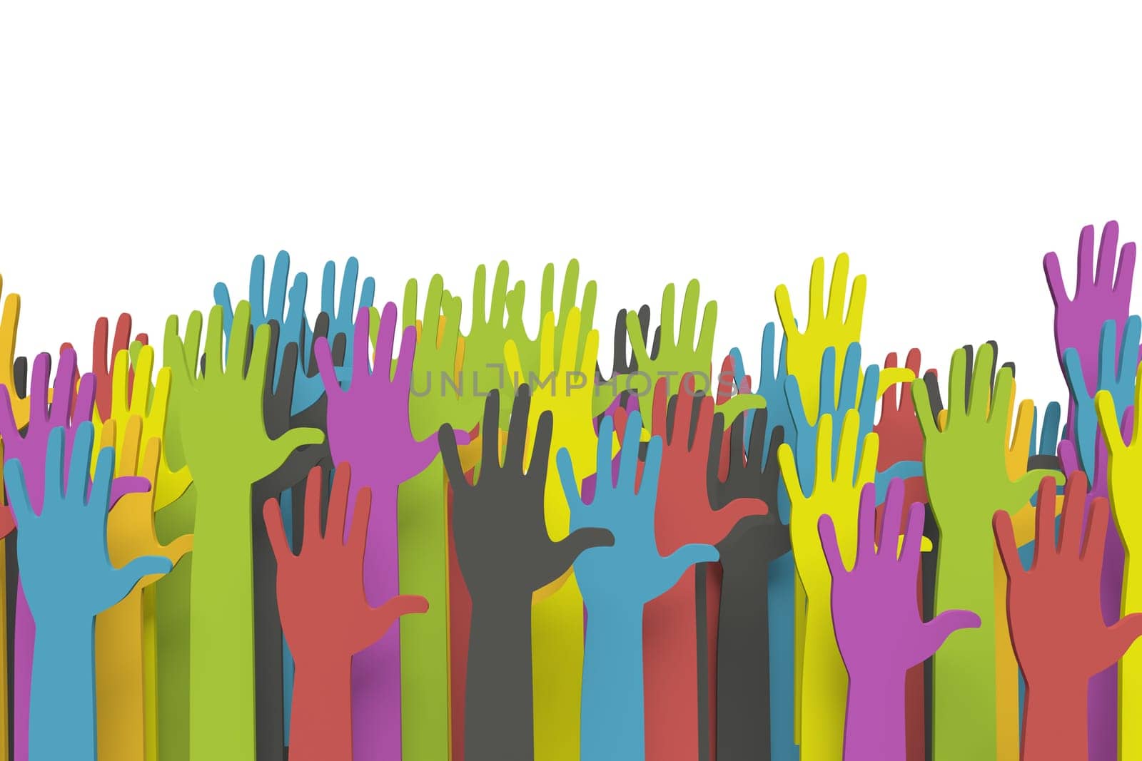 High quality 3d image of a colorful group of hands reaching up with clipping path