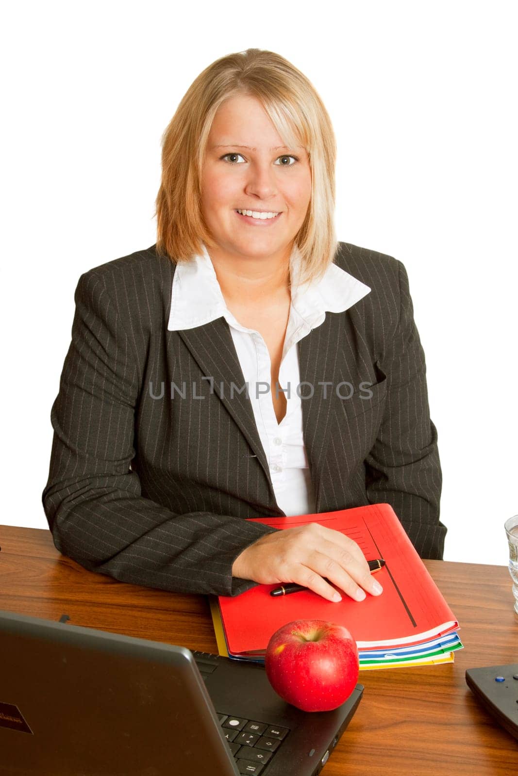 Young woman  in office workplace- on white background