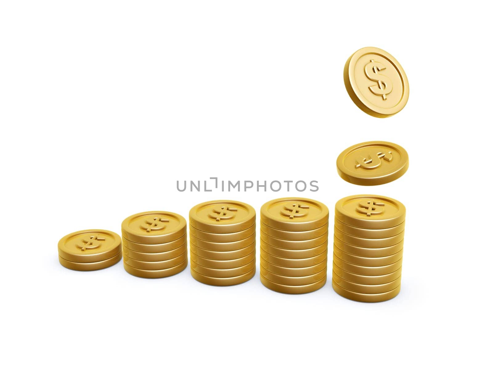 dollar symbol gold coins pile on white background