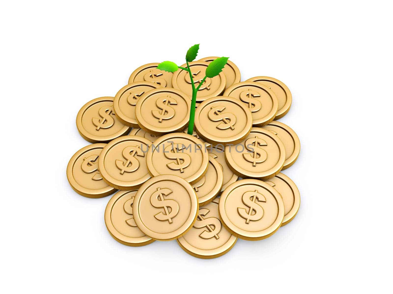 Gold coins and seedling isolated on white background
