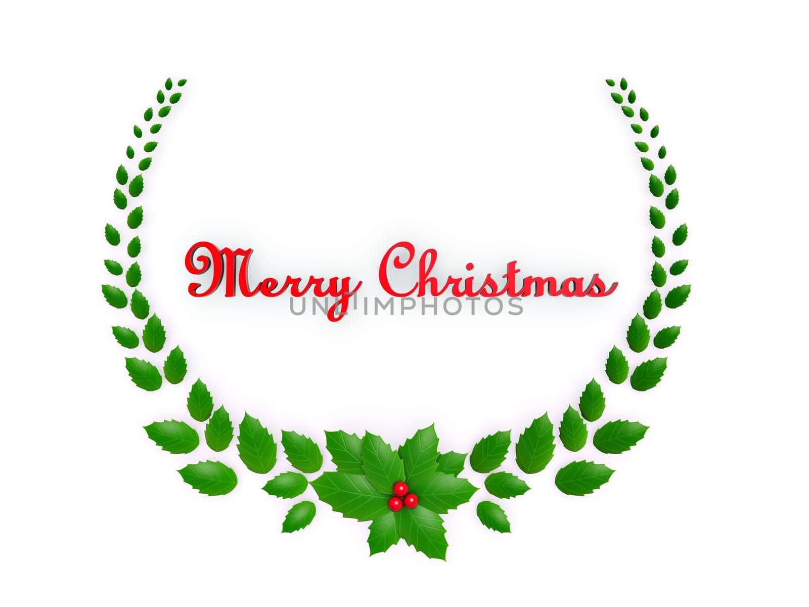 holly leaves and red berry garland isolated on white background
