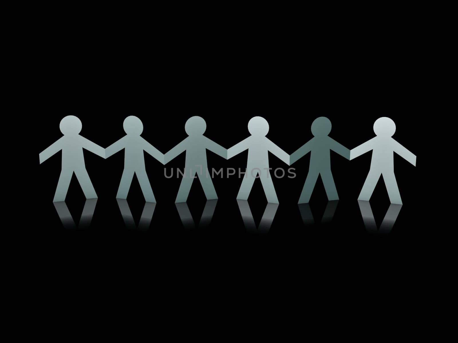 cyan paper men team over black background