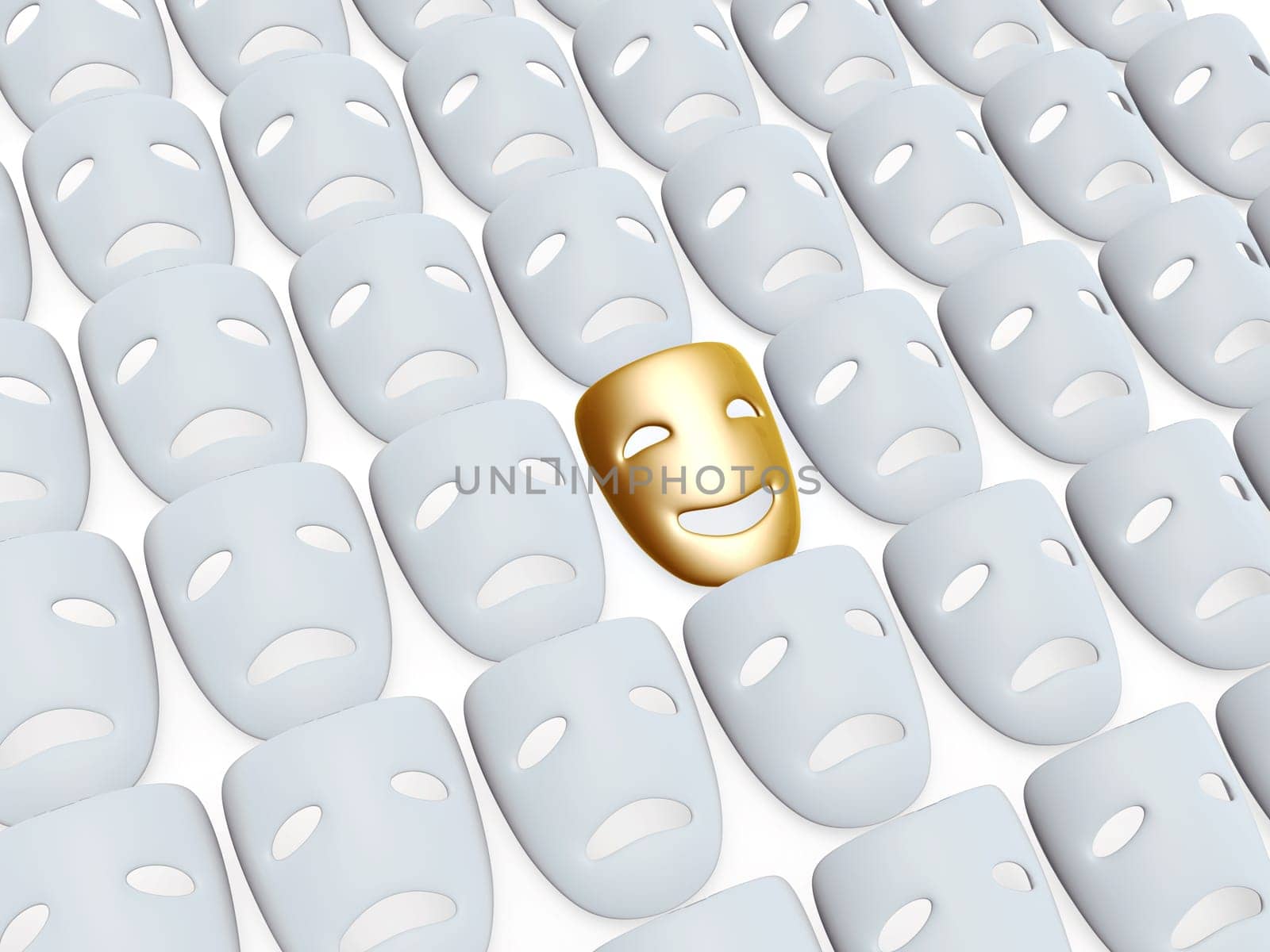 gold comedy one in tragedy masks isolated over white background