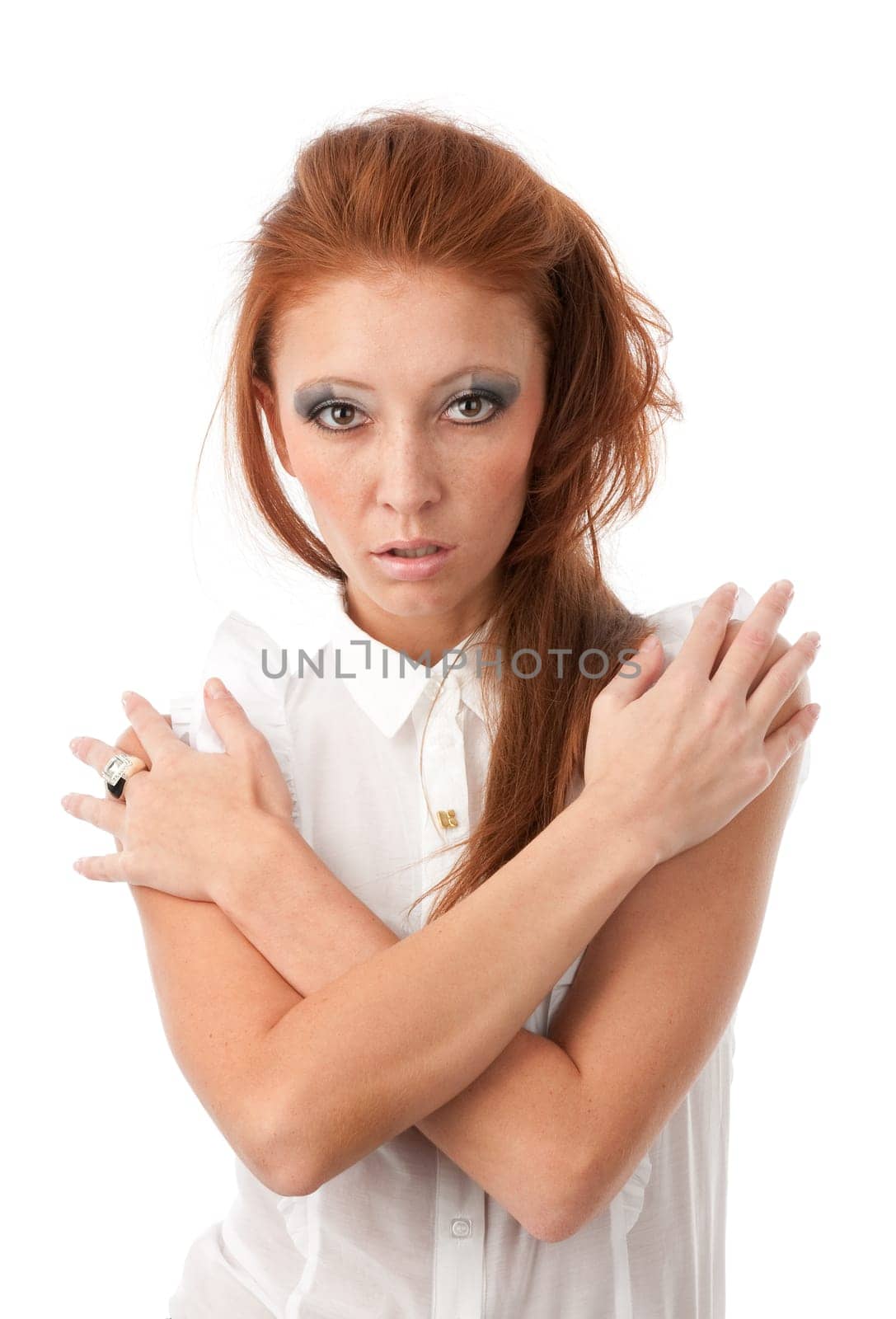 young redhead woman on a white background