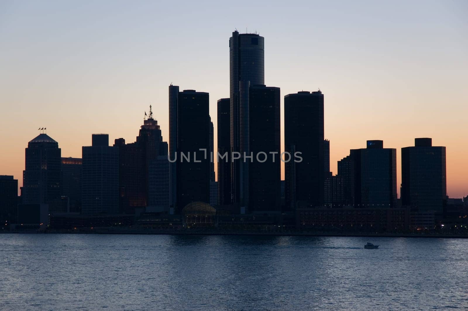 City of Detroit skyline, taken from Windsor Ontario at dusk.