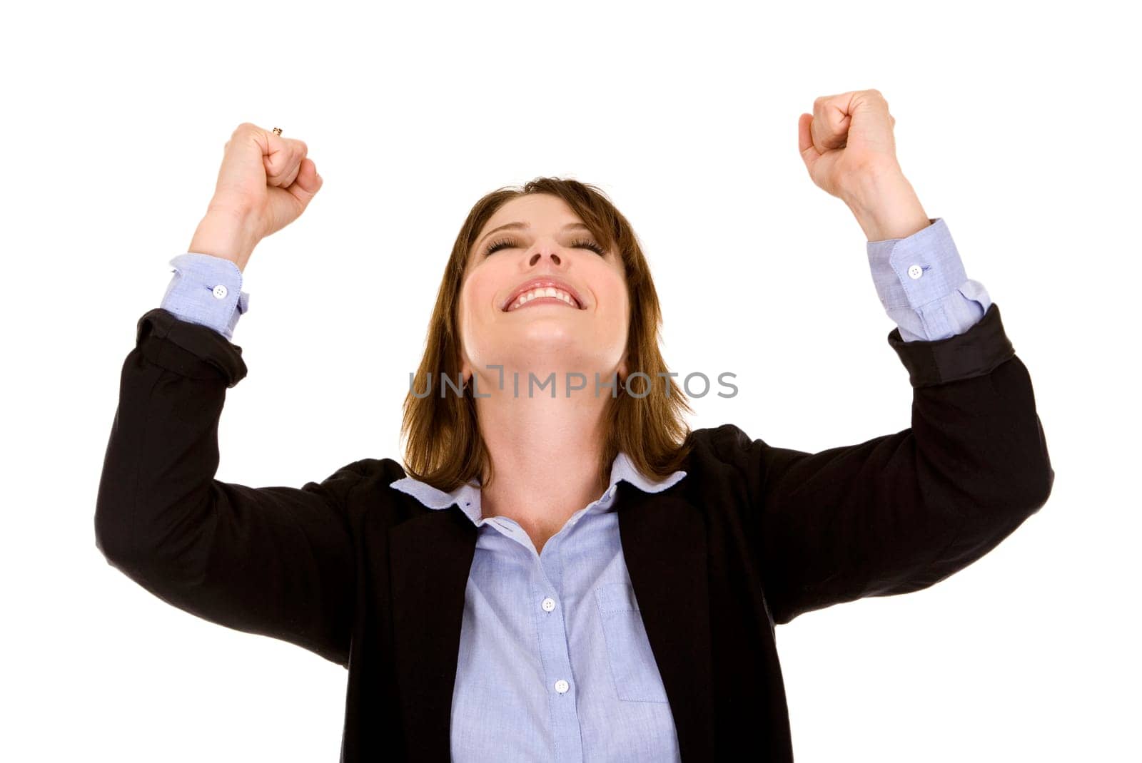 pretty brunette wearing business outfit on white background