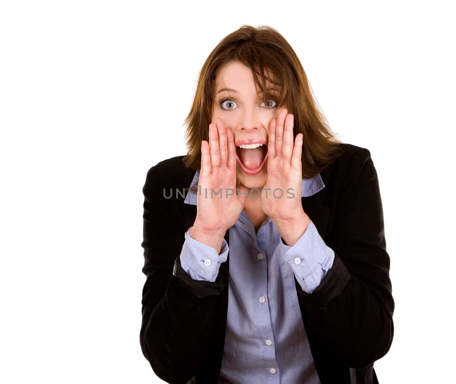 pretty brunette shouting wearing business outfit on white