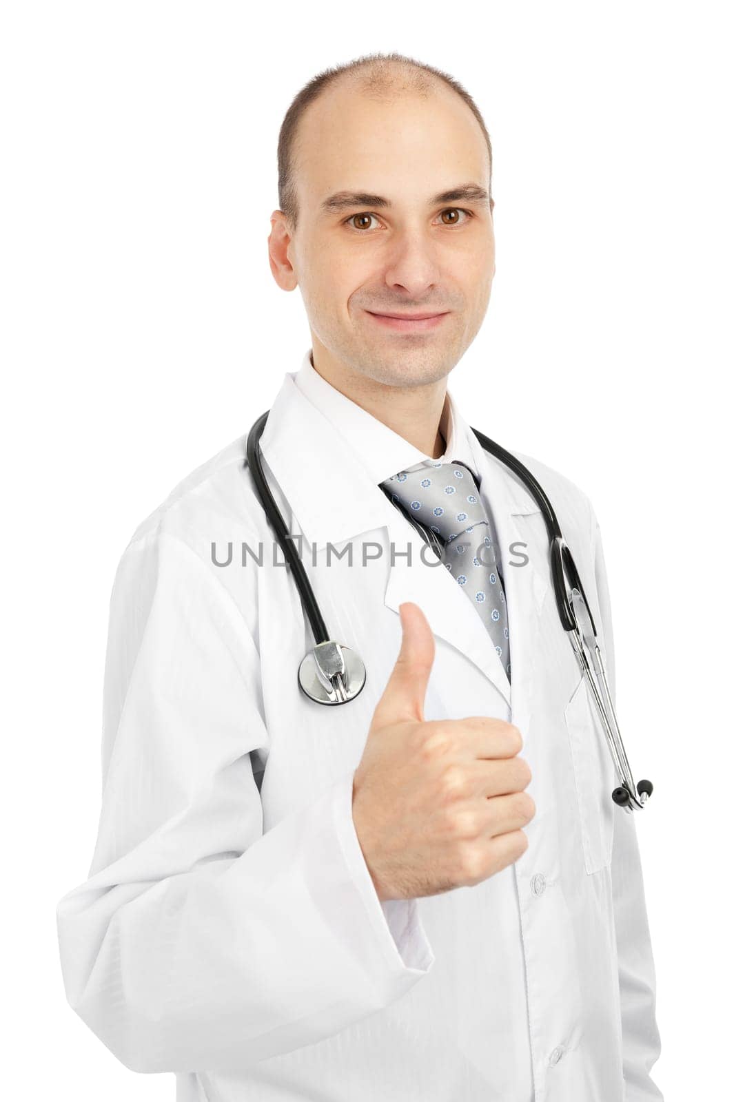 Happy male doctor with thumbs up isolated on white background