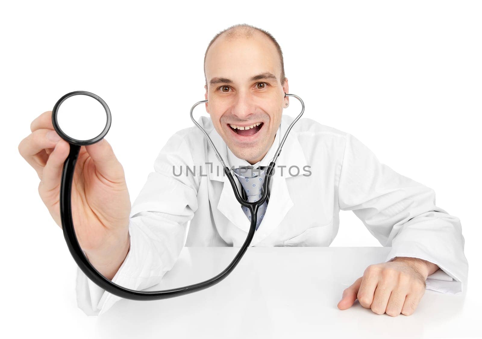 Smiling medical doctor with stethoscope. Isolated over white background