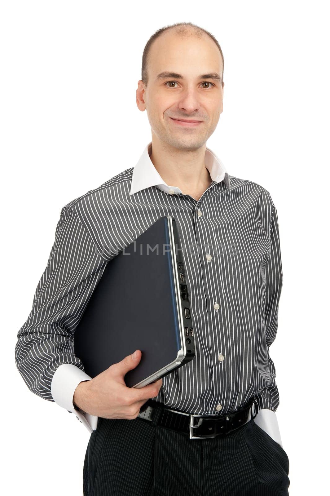 young man holding a laptop over white background