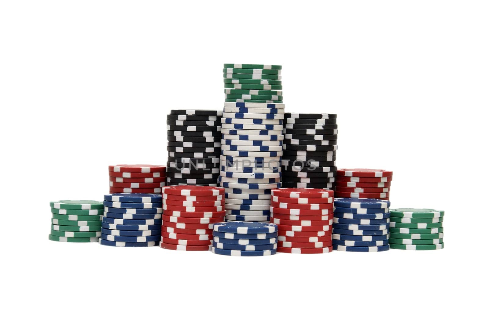 Stacks of poker chips in various colors are isolated on white.