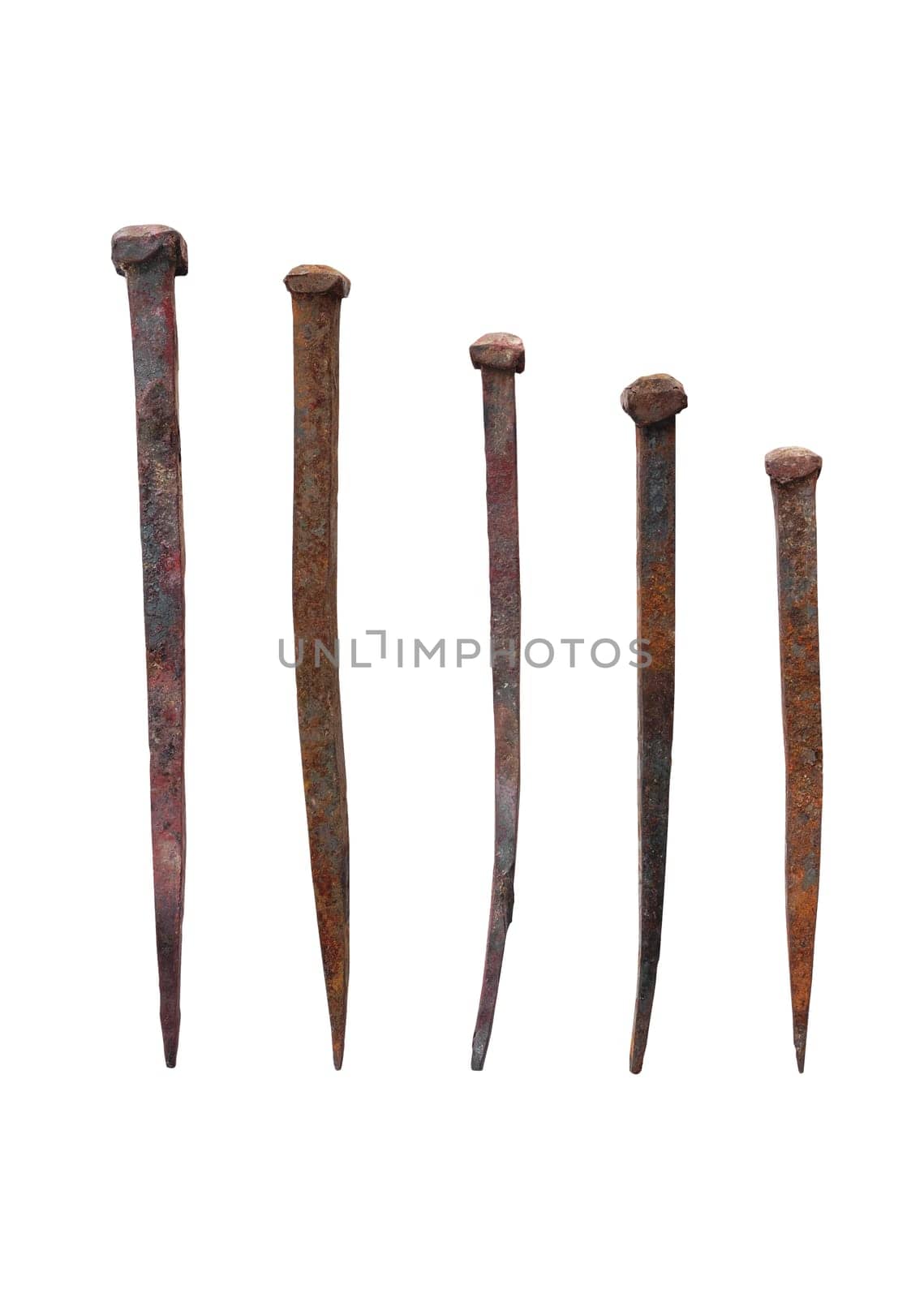Old forged nails with rusty isolated on white background