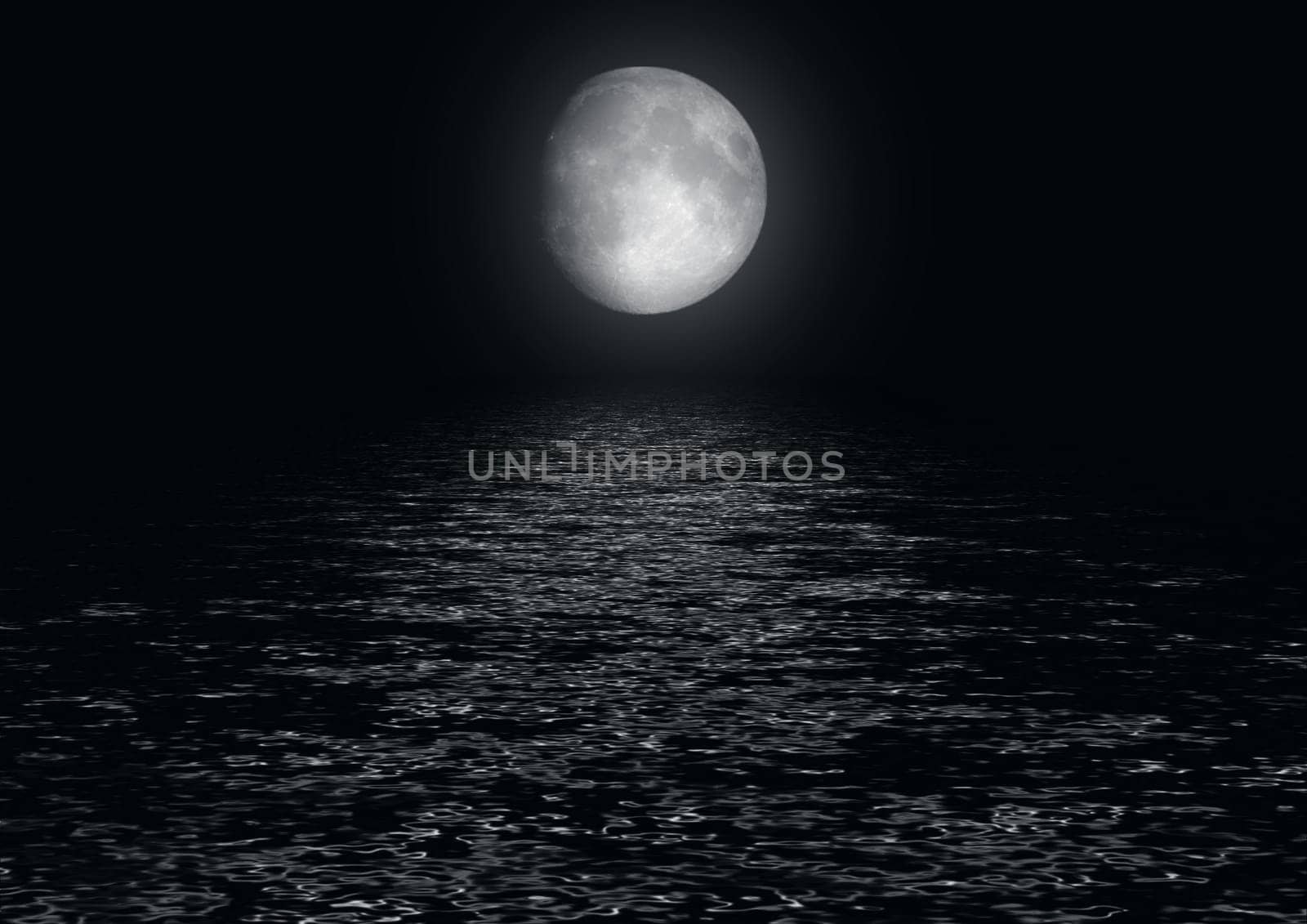 The full moon in the night sky reflected in water