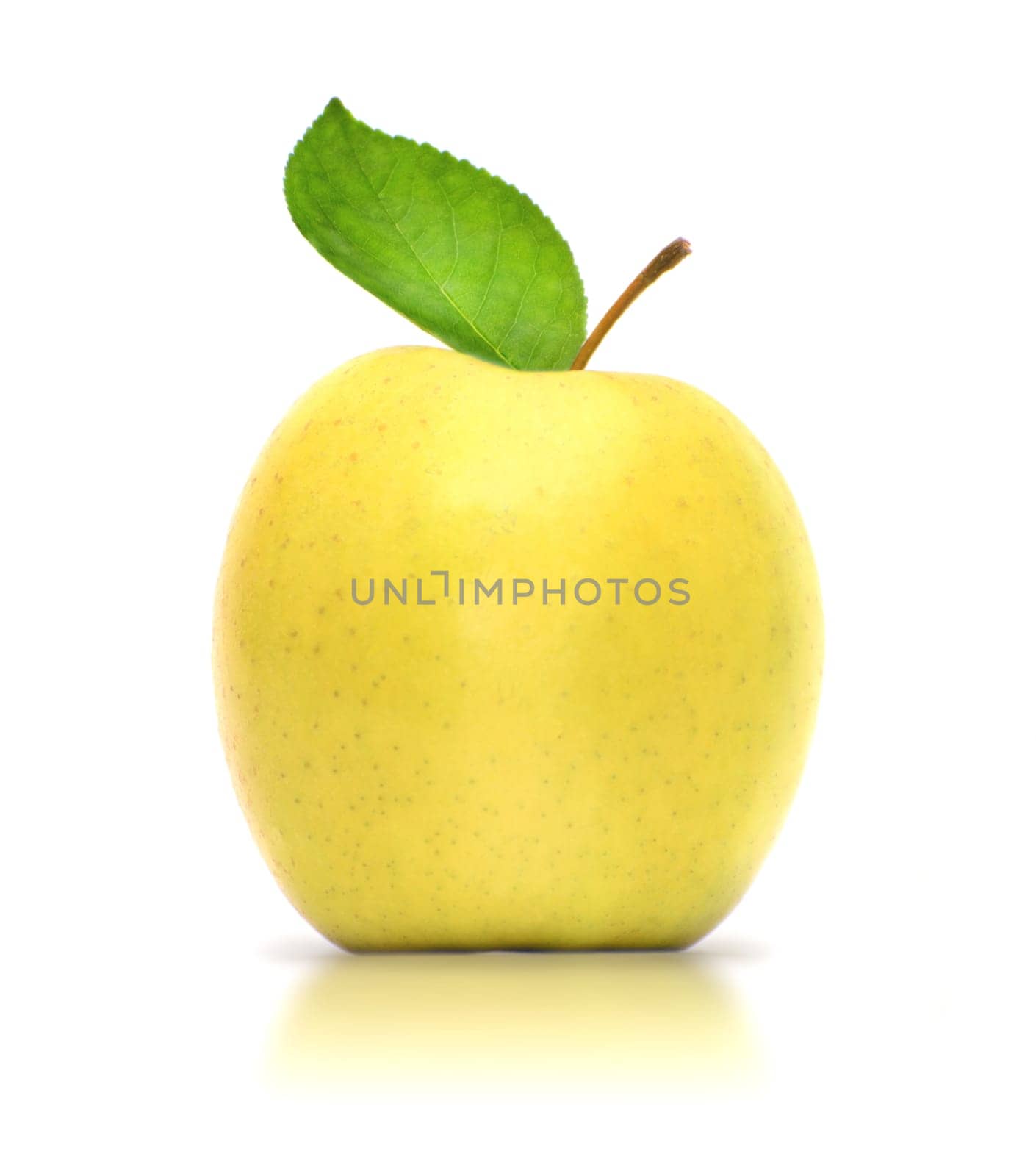 Yellow apple with water drops isolated on white background