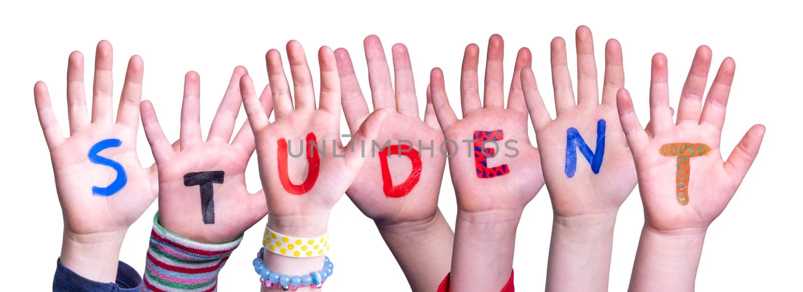 Children Hands Building Colorful English Word Student. Isolated White Background.