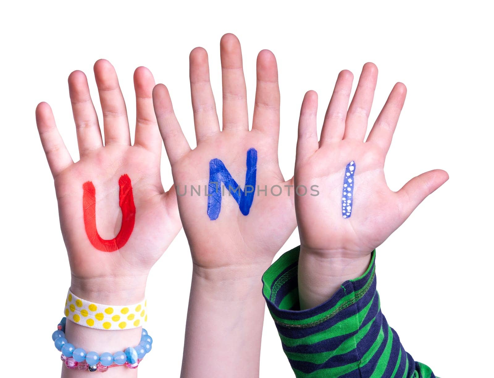 Children Hands Building Colorful German Word Uni Means University. Isolated White Background.