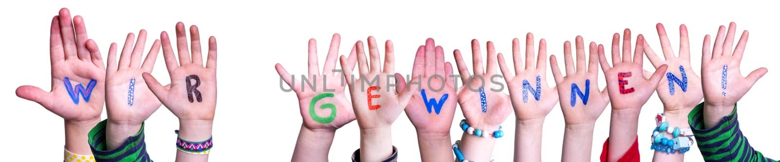 Children Hands Building Colorful German Word Wir Gewinnen Means Winning. White Isolated Background
