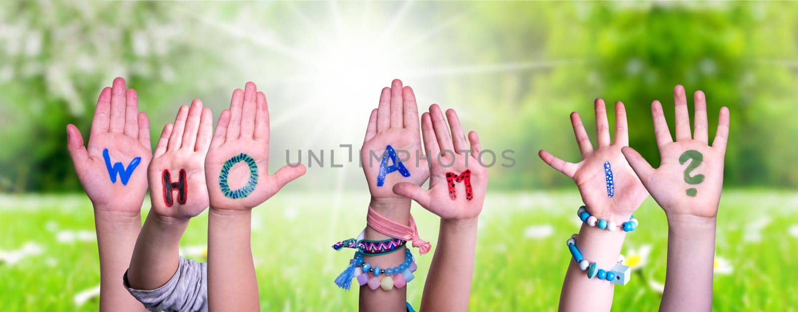 Children Hands Building Colorful English Word Who Am I. Summer, Sunny Green Grass Meadow As Background
