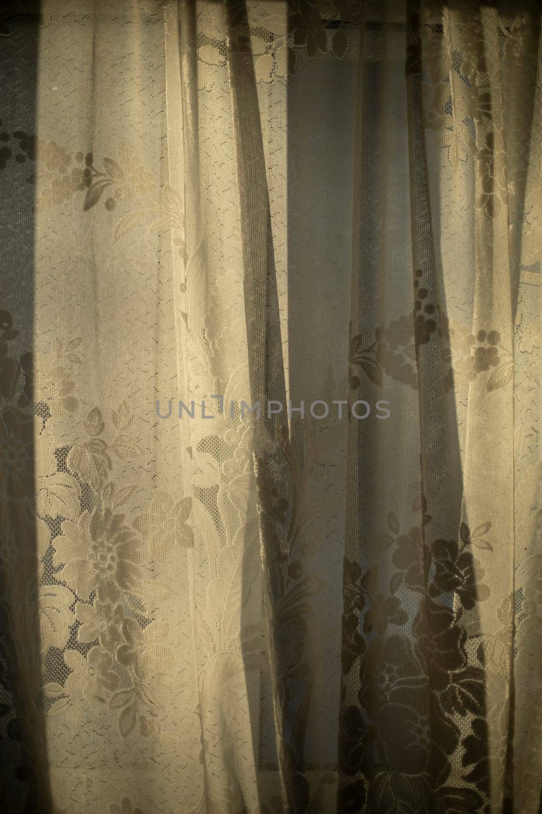 Curtains on window. Light through fabric. Morning sun in window of room.