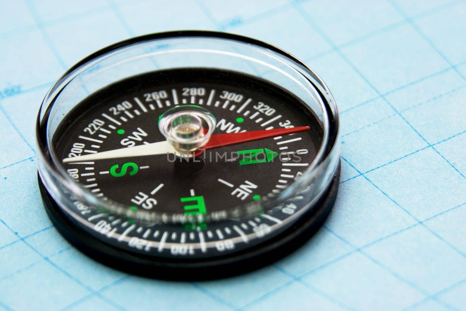 close-up view of compass on the map