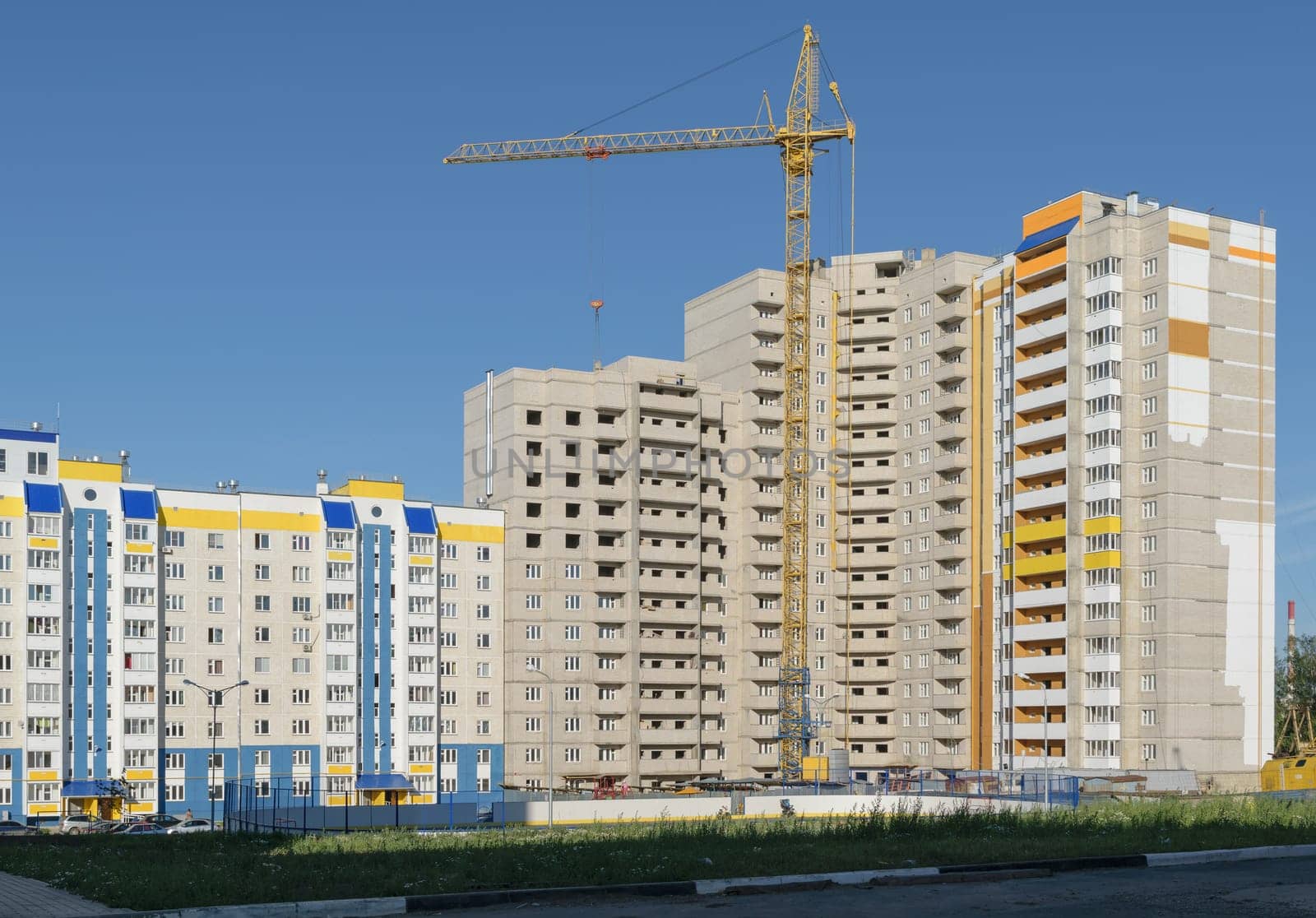 Construction of a new high-rise building. One tower crane