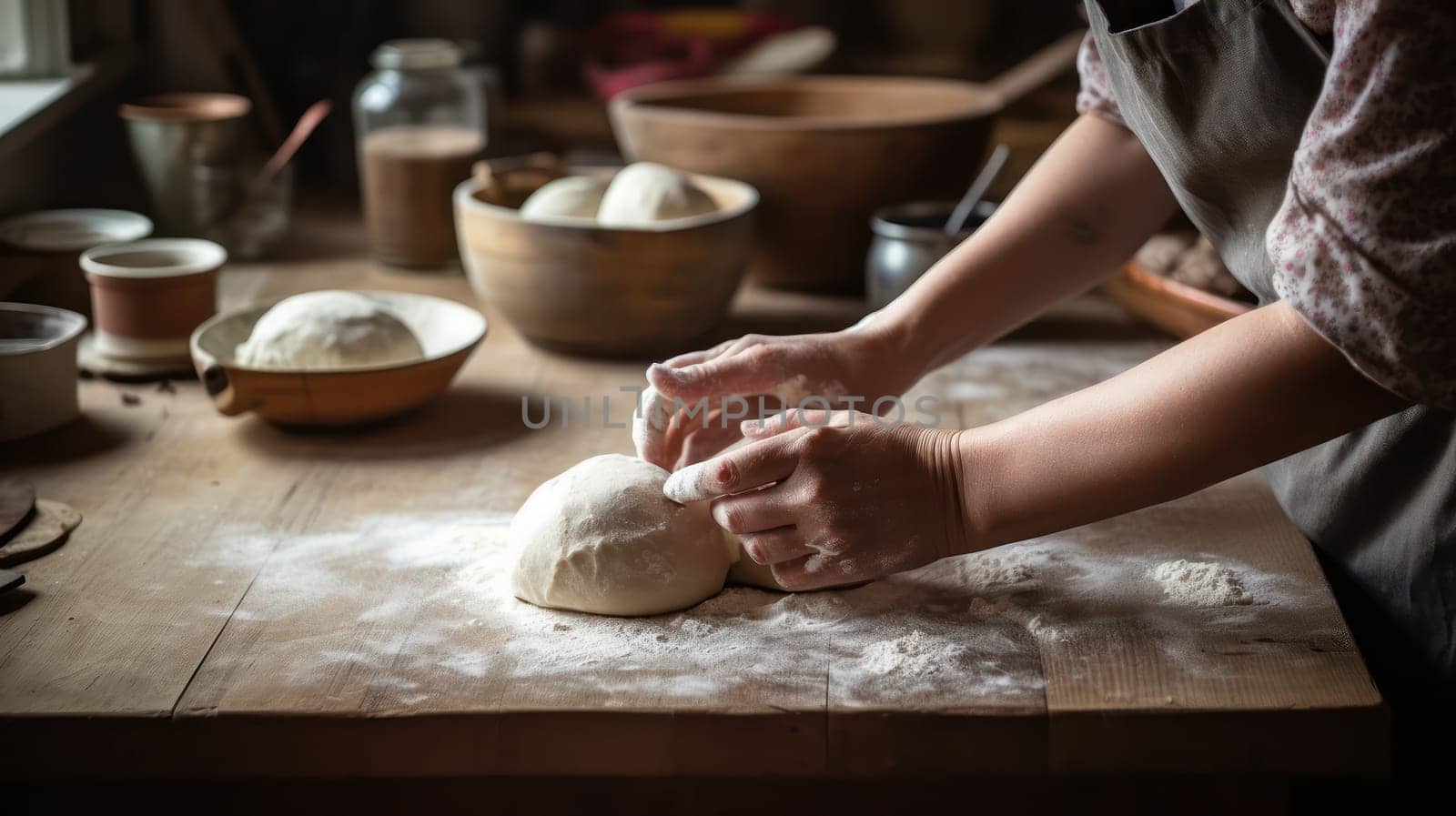 This photo captures a pair of hands expertly kneading bread dough on a floured wooden board in a charming country kitchen. The warm, inviting atmosphere is enhanced by natural light pouring in from the windows and the presence of baking utensils scattered around the wooden countertops.