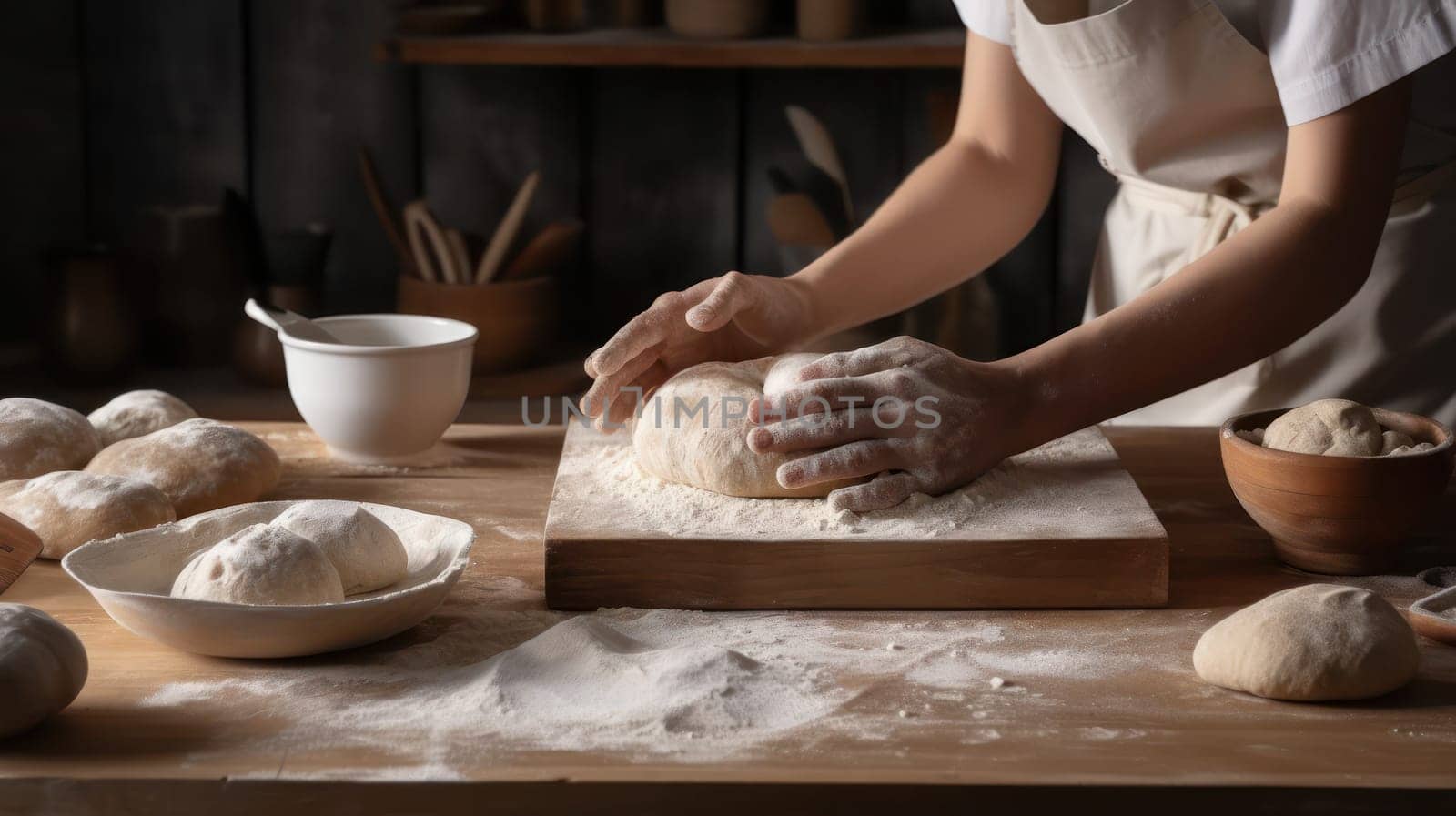 This photo captures the process of bread-making in a cozy country kitchen. A pair of hands can be seen kneading bread dough on a floured wooden board, while baking utensils are scattered in the background. The warm, inviting atmosphere of the kitchen is highlighted by the wooden furniture and natural light pouring in from the windows.