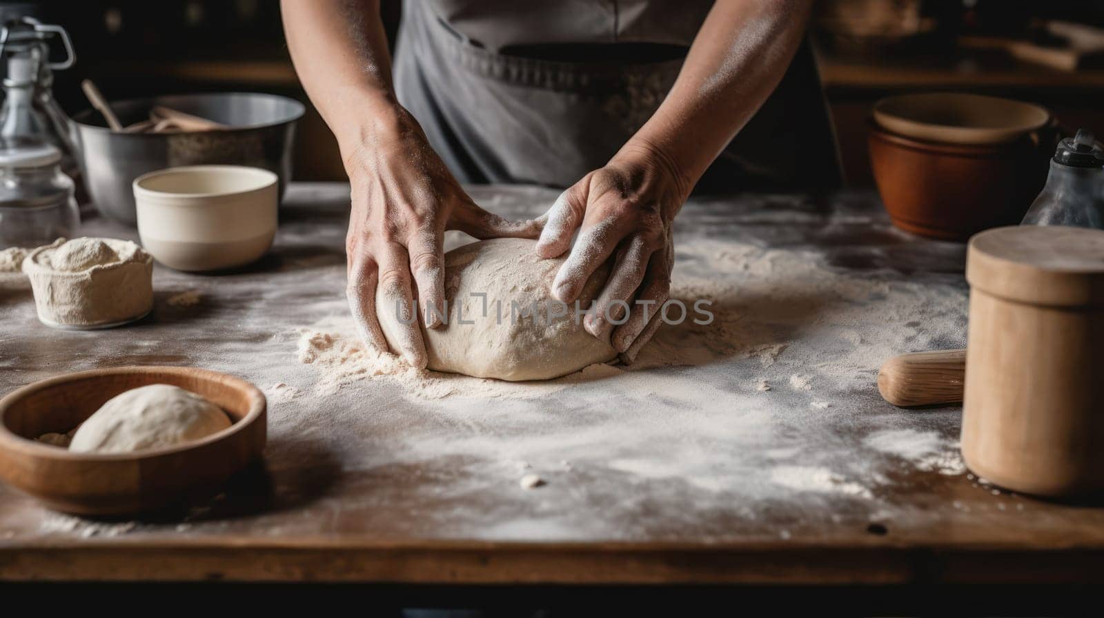 This photo captures the art of bread-making in a charming country kitchen. The hands of an artisan baker are shown skillfully kneading dough on a floured wooden board surrounded by various baking utensils. The warm and inviting atmosphere of the kitchen exudes a sense of comfort and homey-ness, inviting the viewer to take a closer look at the baking process.