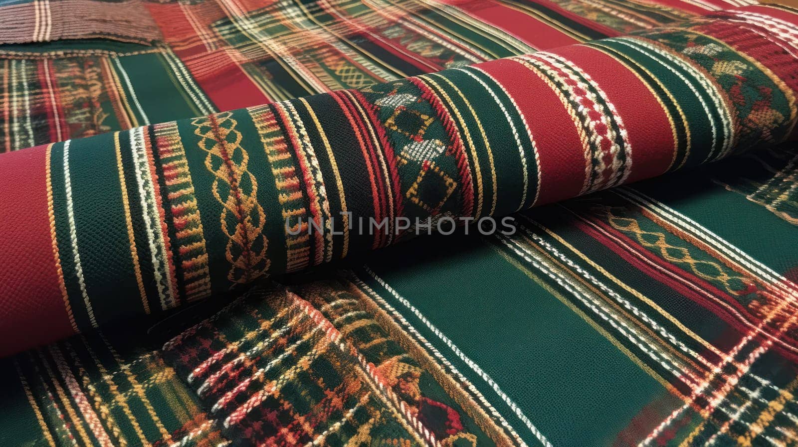 This photo captures the intricate beauty of traditional Scottish fabric, showcasing the skill and heritage passed down through generations of weavers. The rich colors and complex patterns highlight the unique history and culture of Scotland.