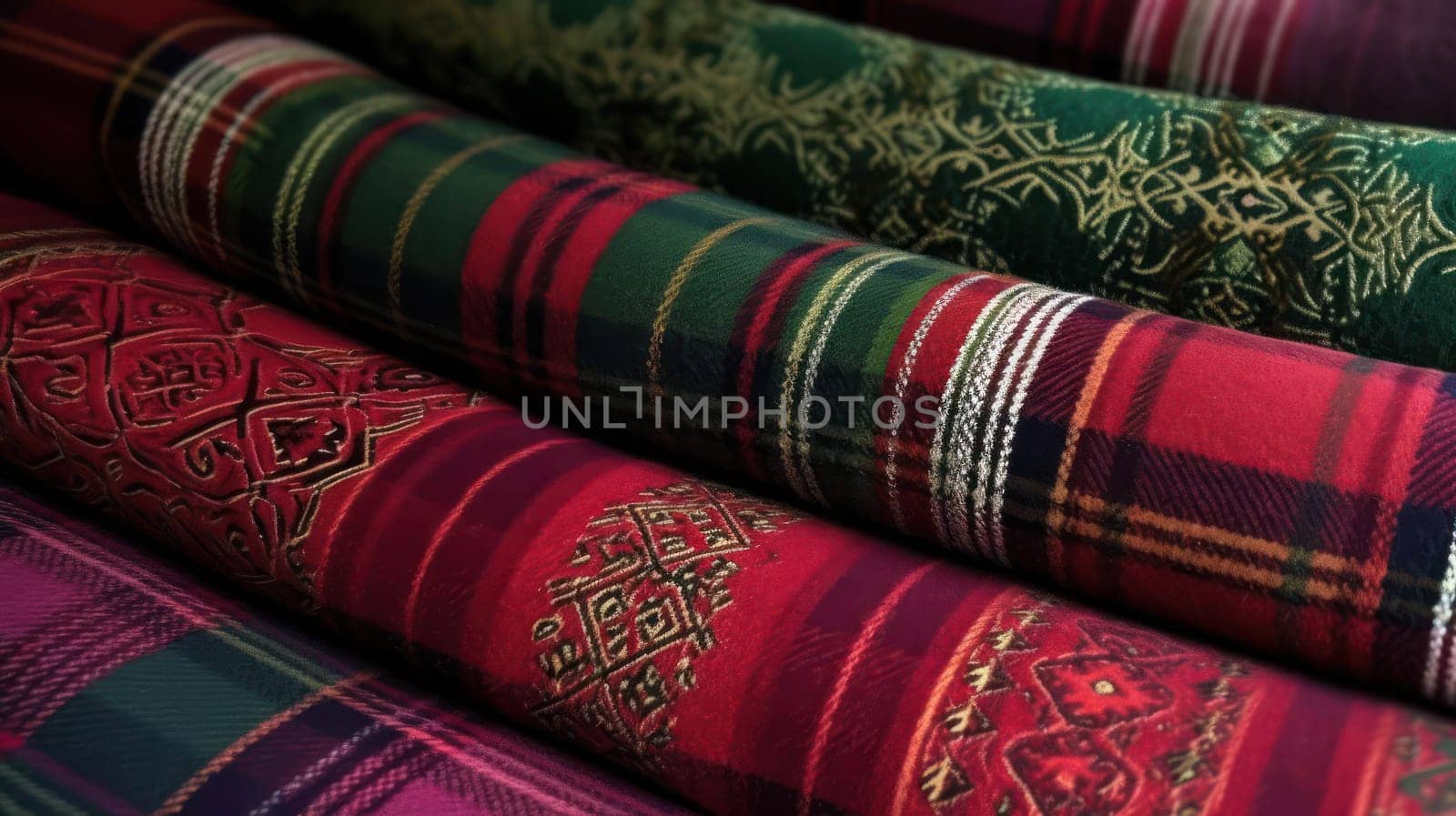 This stunning photo captures the intricate patterns and textures of traditional Scottish fabric. The rich colors and bold designs are a testament to the skill and artistry of Scotland's textile artisans. The photo is a tribute to the enduring beauty of this time-honored craft.