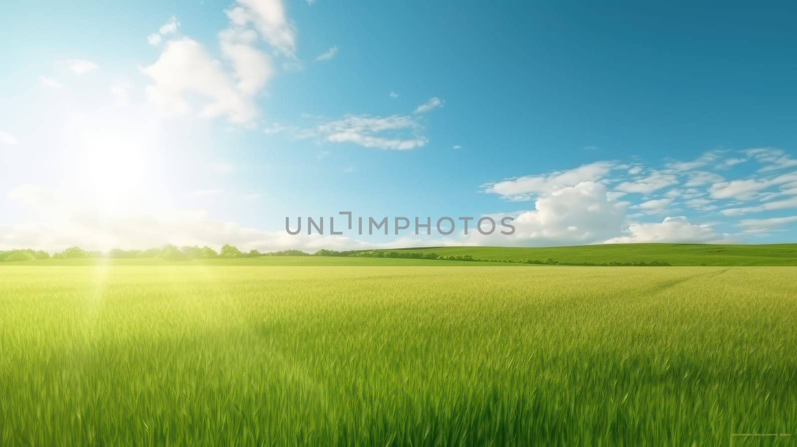This stunning photo captures the beauty of nature in a panoramic view of a lush green field with tall grass swaying in the breeze against a clear blue sky with the sun shining bright. The soft focus of the background adds to the serene and calming effect of the image, making it perfect for use as a wallpaper or background on a computer or mobile device. The vibrant colors and peaceful atmosphere of the photo will transport you to a world of tranquility and natural beauty.