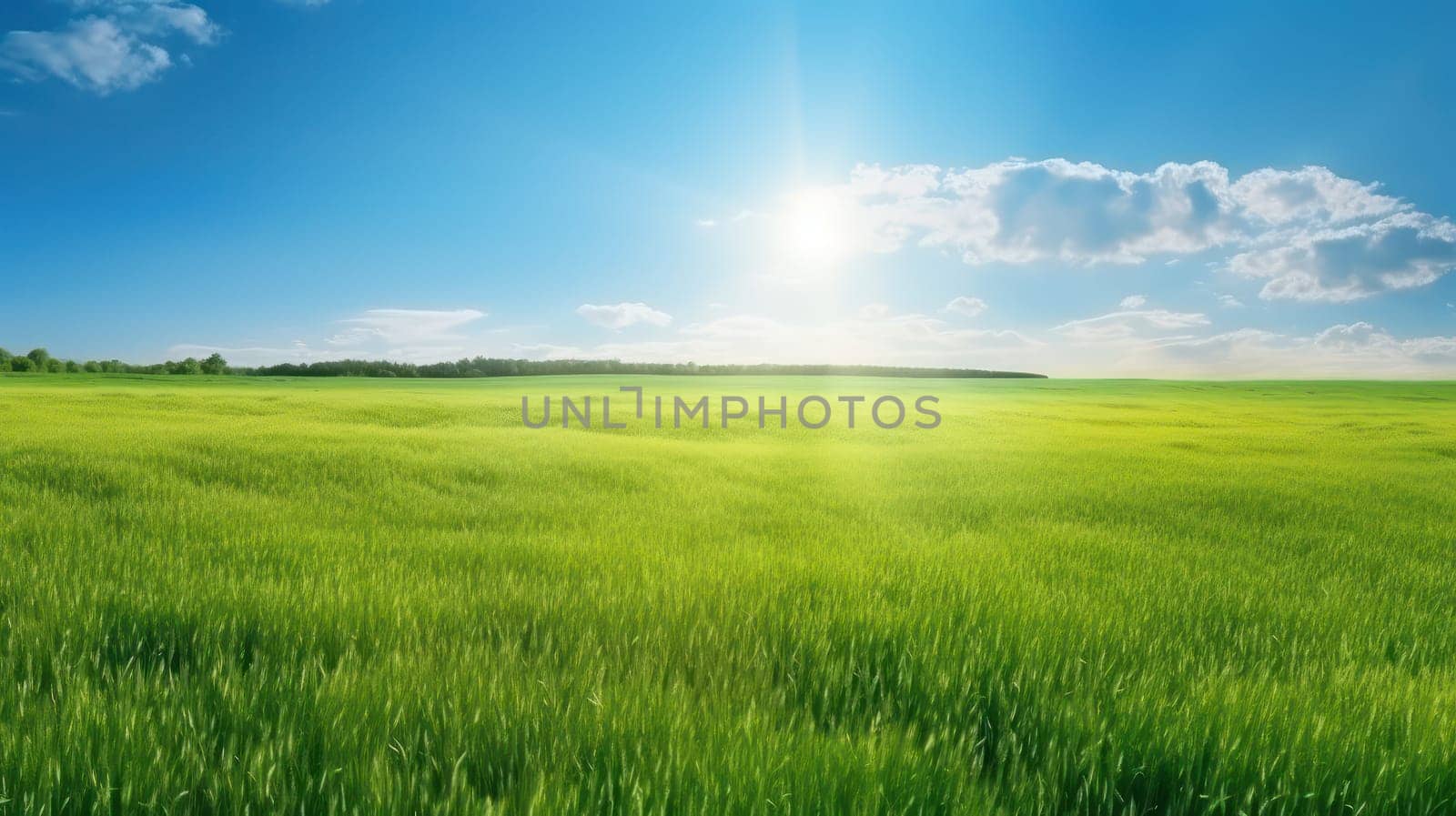 This breathtaking 8k panoramic photo captures the essence of summertime with a beautiful natural landscape of a vast green field covered in luscious grass, set against a serene blue sky with a bright shining sun. The soft and gentle blur in the background evokes a feeling of tranquility and peacefulness, making it a perfect addition to any space.