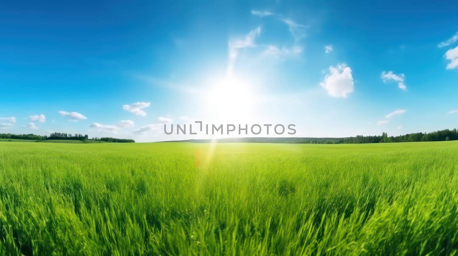 This 8k resolution photo captures the stunning beauty of nature in a panoramic view. A vast green field with lush grass and wildflowers is set against a clear blue sky with the sun shining bright. The soft focus of the blurred background enhances the peaceful and calming atmosphere of this breathtaking landscape. Perfect for use as a desktop wallpaper or as a backdrop for meditation.