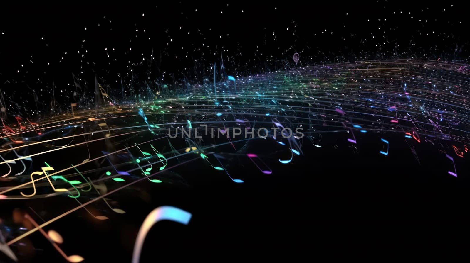 This photo depicts a stream of musical notes traveling through optic fiber. The image is highly detailed and ultra-realistic, with the notes appearing to float in a vibrant blue background. This unique and creative image showcases the intersection of music and technology in a visually stunning way.