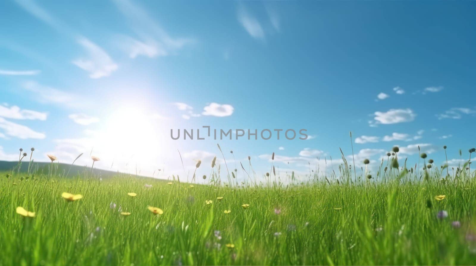 This stunning 8k panoramic photograph captures the natural beauty of a vibrant green field covered in a variety of wildflowers, set against a vivid blue sky with the sun shining bright. The blurred background adds depth and texture to the image, creating a sense of tranquility and peace.
