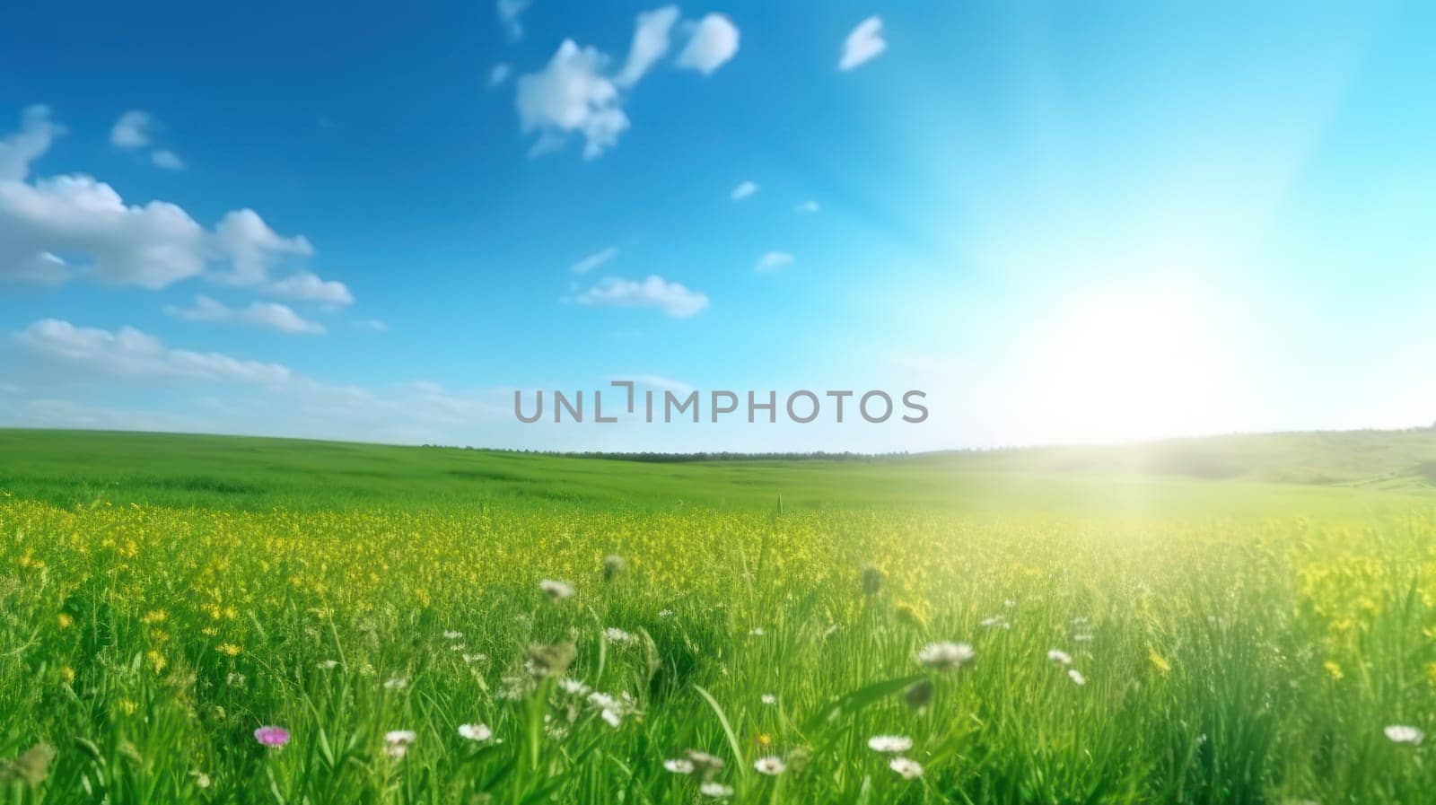 This stunning 8k panoramic photograph captures the beauty of nature in full bloom during the spring season. The image shows a vast green field with an array of colorful flowers scattered throughout, set against a clear blue sky with the sun shining down. The blurred background adds a dreamy and serene touch to the scene, making it a perfect desktop wallpaper or home decor piece.