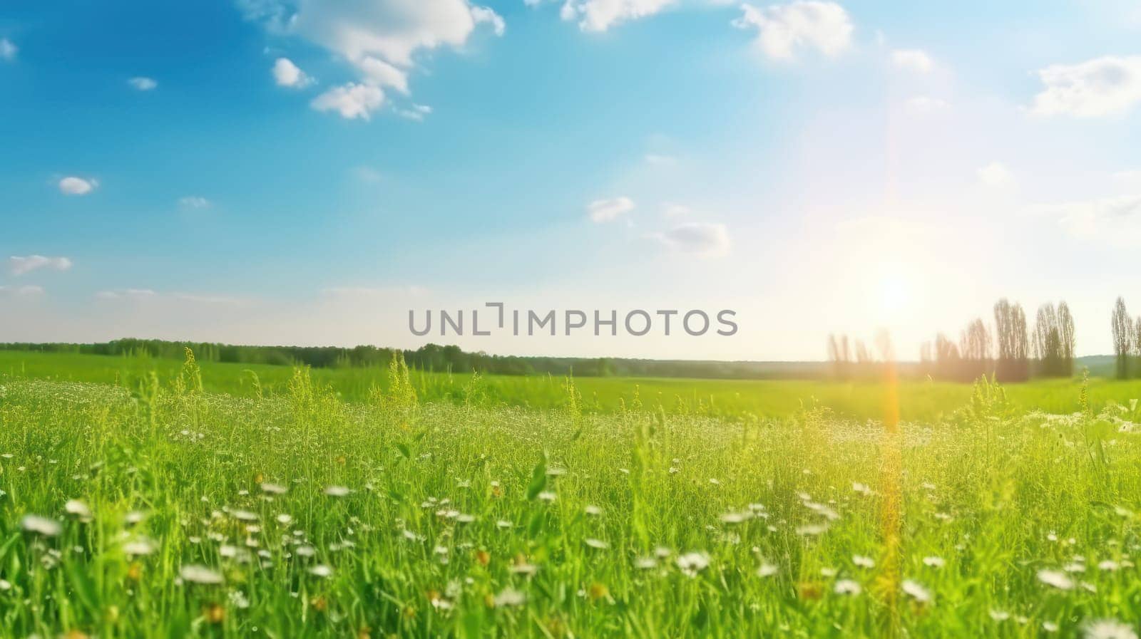 This 8k photo captures the beauty of nature in its full glory, showcasing a panoramic view of a vibrant green meadow filled with colorful wildflowers, swaying gently in the warm spring breeze. The clear blue sky, kissed by the sun's golden rays, provides a perfect backdrop to this tranquil and serene landscape.