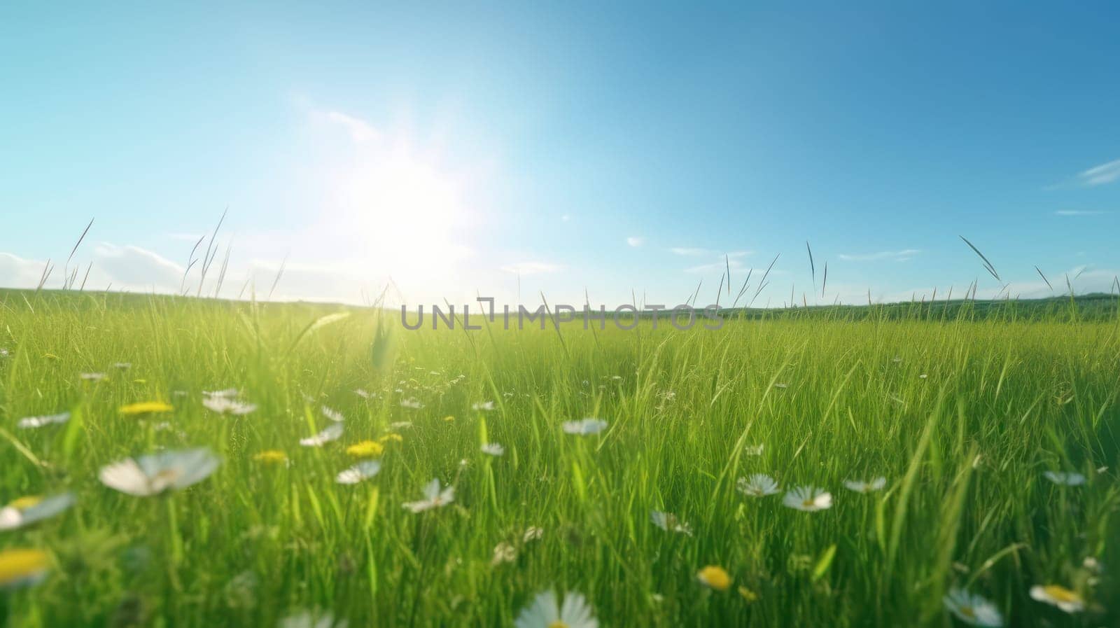 This breathtaking 8k panoramic photo captures the beauty of a serene natural landscape. Against a vibrant blue sky, a lush green field filled with vibrant flowers and swaying grasses basks in the warm glow of the sun. The soft focus adds a dreamy effect to the image, evoking the feeling of a warm spring or summer day. Perfect for adding a touch of nature to any space, this stunning photo is sure to impress.