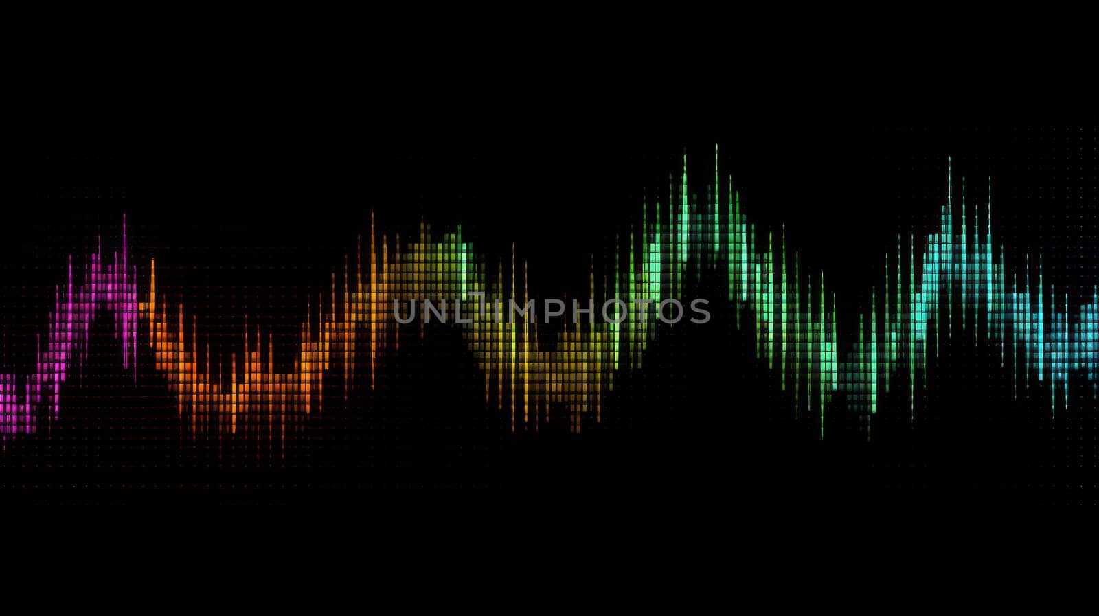 This photograph depicts an audio waveform created entirely from colored ASCII symbols. Each symbol represents a different point in the audio recording, creating a unique and visually stunning representation of sound. The image is captured in 8K resolution with a 16:9 aspect ratio, showcasing intricate details and vibrant colors.