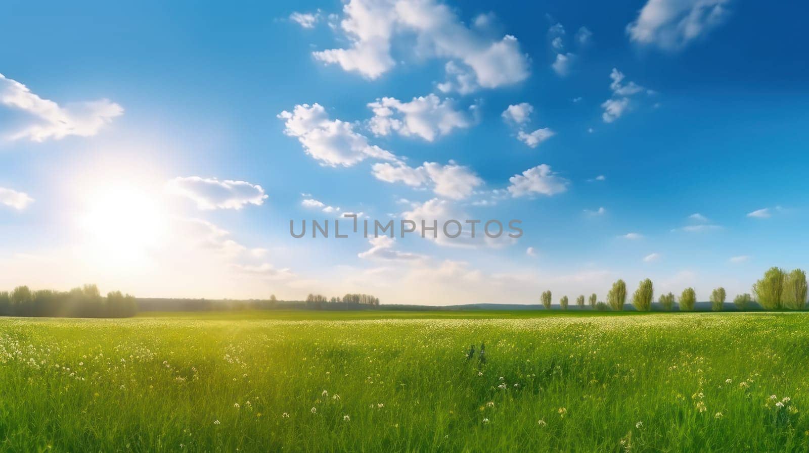 This breathtaking photo captures the stunning beauty of nature, with a green field covered in lush grass and vibrant flowers stretching out as far as the eye can see. The bright sun shines down from a vivid blue sky, creating a serene and peaceful atmosphere. The blurred background adds depth and texture to the scene, enhancing its natural beauty. This 8k panoramic photo is the perfect way to bring the tranquility of nature into any space.