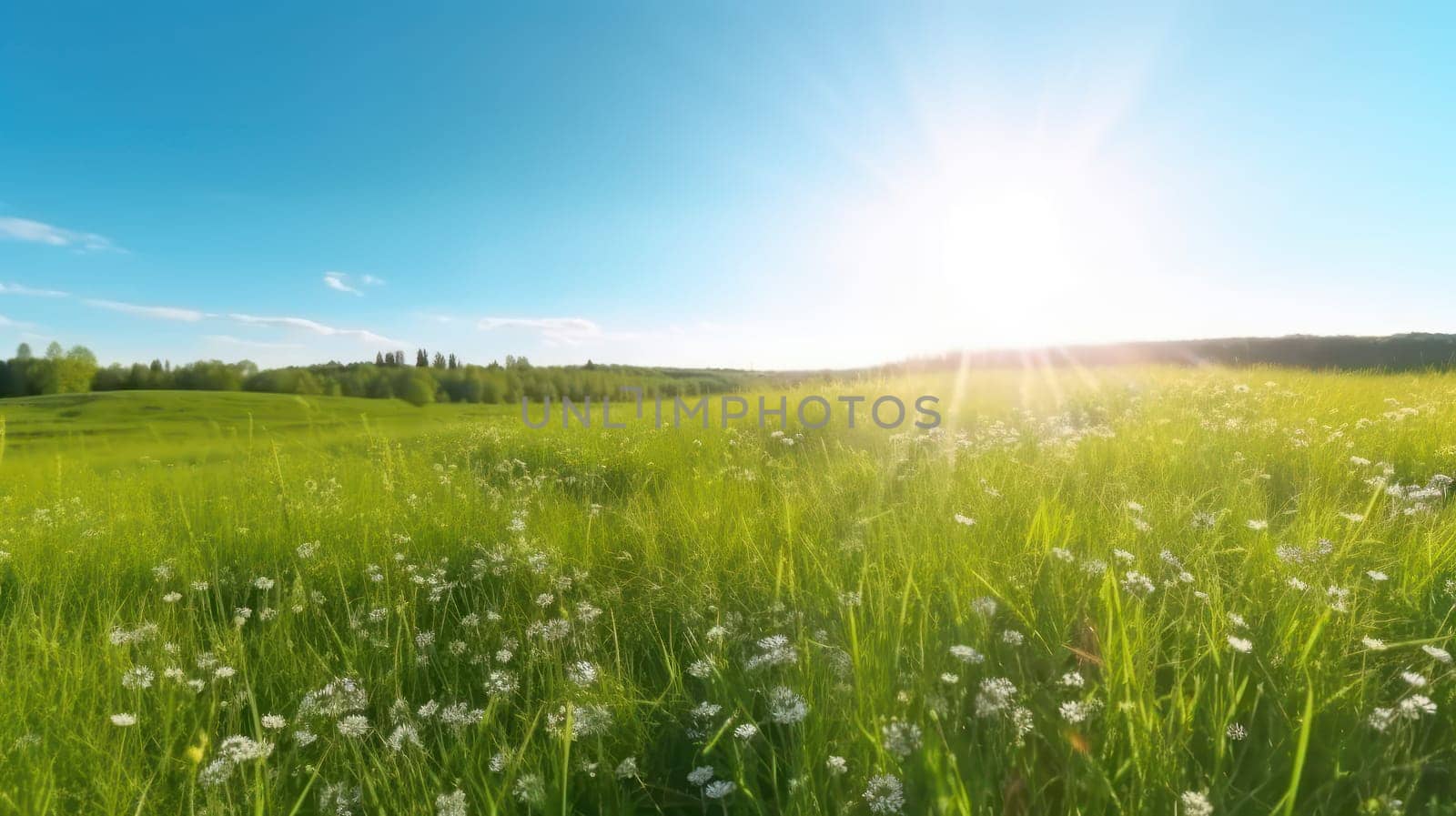 This 8k panoramic photo captures the beauty of a natural landscape in spring. A vast green field covered with flowers is spread out in front of you, with the clear blue sky and sun providing a picturesque backdrop. The soft blur effect adds to the dreamy, tranquil atmosphere of the scene.