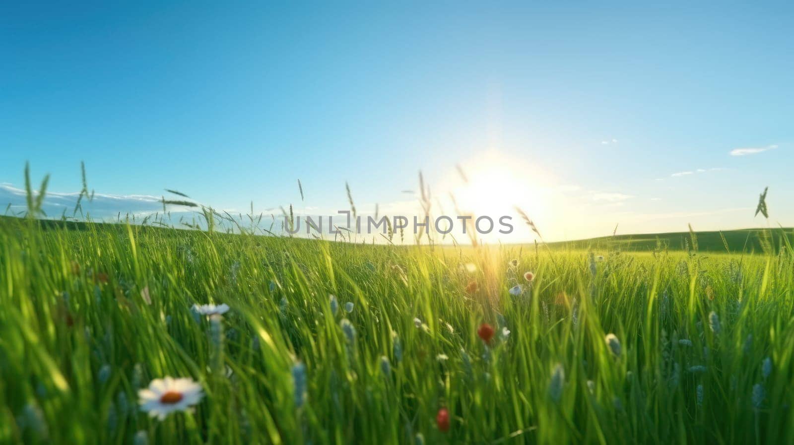 This breathtaking panoramic photo captures the stunning beauty of a vast green field filled with wildflowers in full bloom, set against a clear blue sky with the sun shining brightly. The spring/summer season is captured perfectly in this photo with the blurred background adding a dreamy and ethereal effect to the overall scene. This 8K resolution image is perfect for those who appreciate the beauty of nature and the great outdoors.