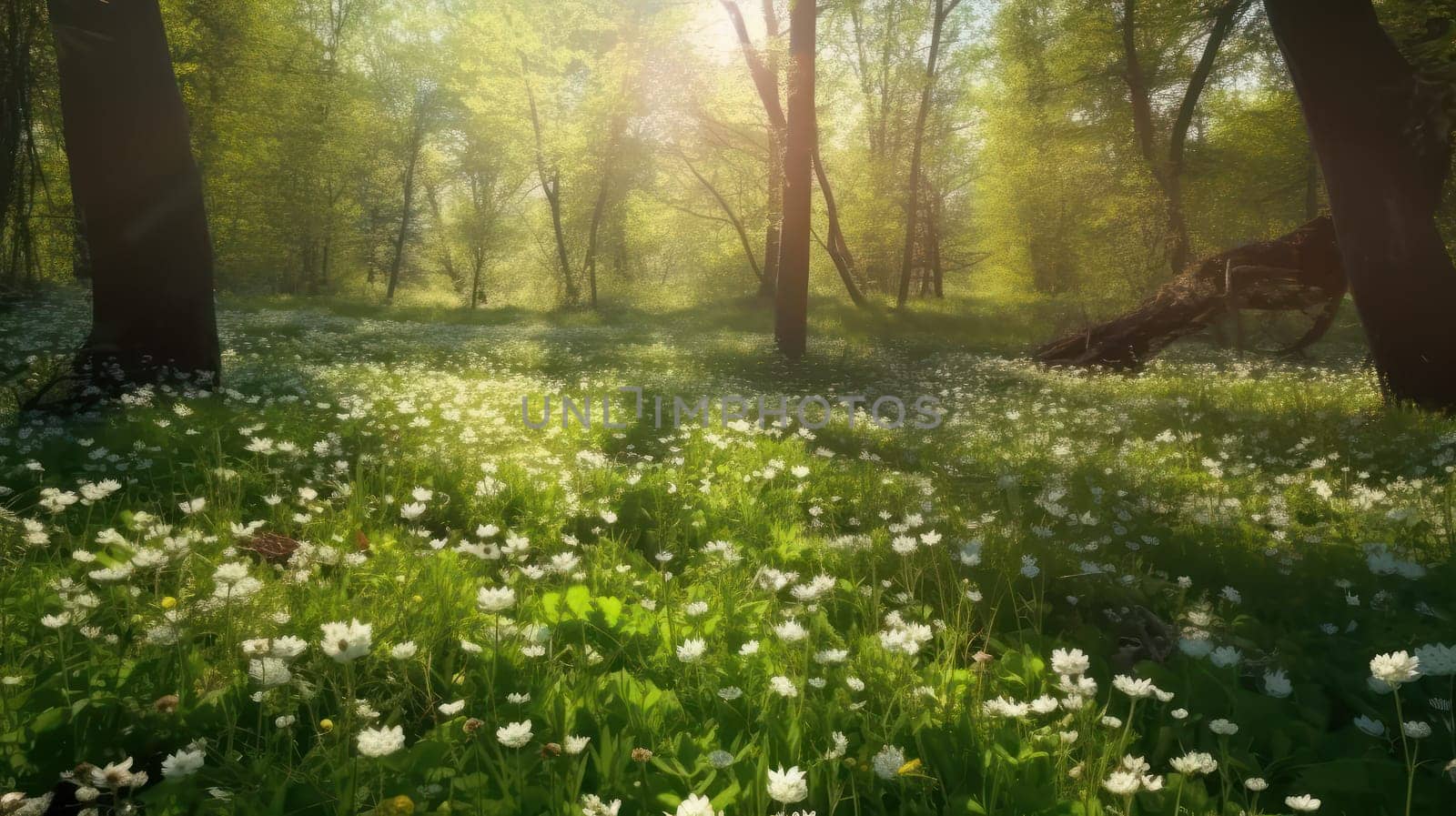 This stunning 8k panoramic photo captures the natural beauty of a lush green field adorned with colorful wildflowers against a clear blue sky with the bright sun shining down. The blurred background adds a dreamy, tranquil effect to the scene, transporting the viewer to a serene and peaceful oasis.
