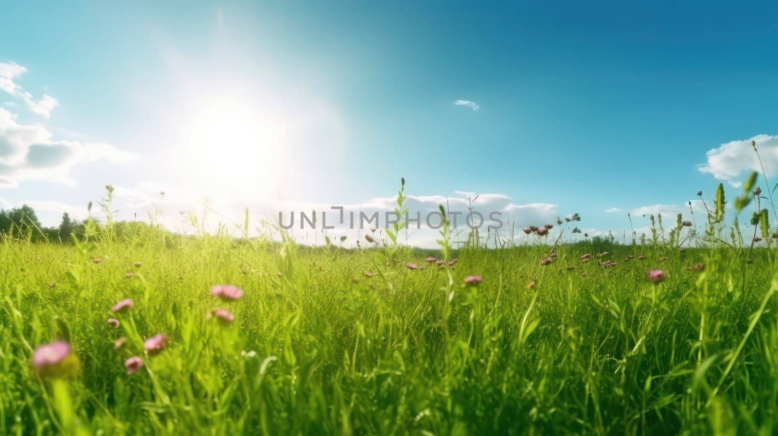 This 8k panoramic photograph captures the serene and beautiful natural landscape of a lush green field with vibrant flowers in bloom. The clear blue sky and bright sun add a touch of warmth and tranquility to the scene. The soft blur in the background adds depth and focus to the forefront, creating an idyllic image of nature's beauty during spring and summer.