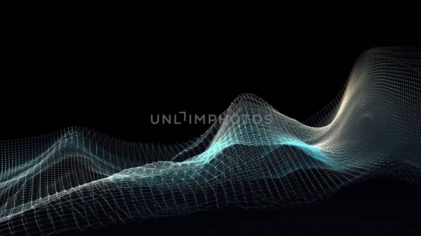 This abstract 3D rendering depicts a musical stream of sounds interweaving with dots to visualize the complexity of big data. Each dot represents a data point, creating a visually stunning representation of information flow.
