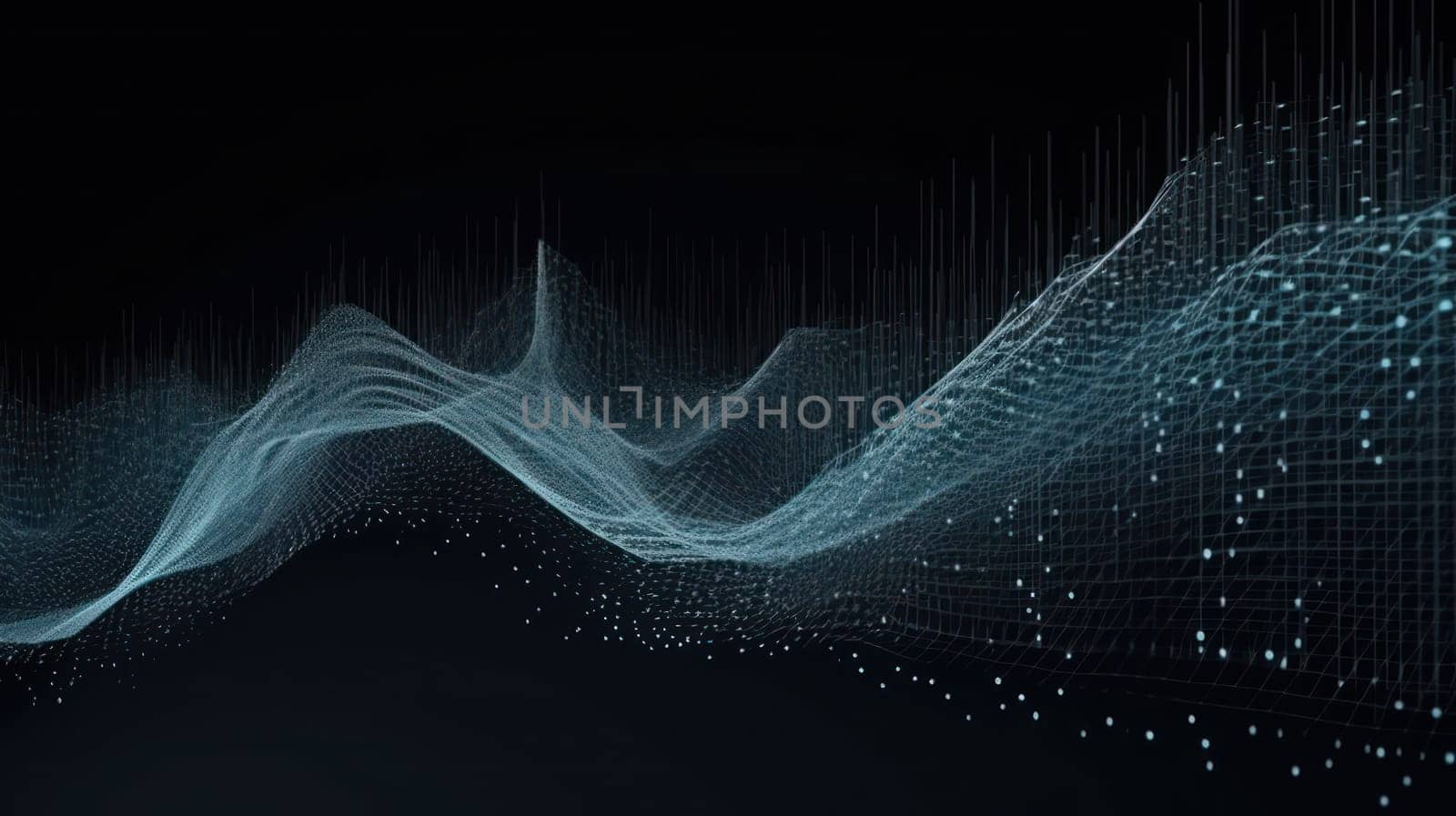 This 3D rendered abstract background is a visual representation of the musical stream of sounds in big data. The interweaving dots create a dynamic and mesmerizing visual effect that embodies the flow and complexity of information.